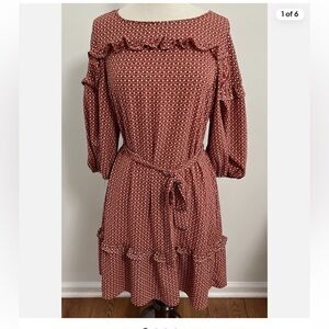 Max Studio Rust color Ruffle shirt dress with optional tie belt at waist size M